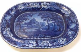 A large Staffordshire flow blue platter manufactured by R Hall's, picturesque scenery titled