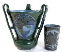 C H Brannam pottery fish vase and beaker with matching design