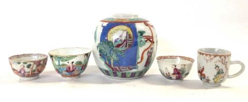 Chinese porcelain ginger jar with polychrome decoration with Chinese figures together with two