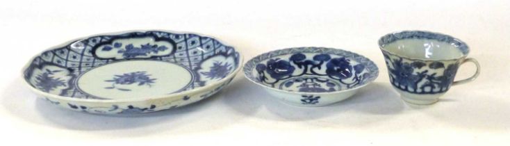 Chinese porcelain cup and saucer decorated in Kangxi style together with a further dish of shaped