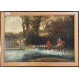 English school, A pair of hunting scenes, oil(s) on canvas, indistinctly signed, 40x60cm, framed (