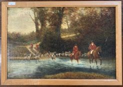 English school, A pair of hunting scenes, oil(s) on canvas, indistinctly signed, 40x60cm, framed (
