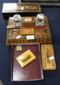 Collection of various Tonbridge ware items to include a desk stand with inkwells, two small inlaid