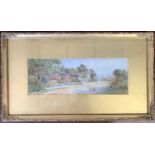 Joseph Fisher (1796-1890) Village scene, watercolour, signed, gilt framed,13x37cm, glazed