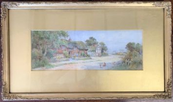 Joseph Fisher (1796-1890) Village scene, watercolour, signed, gilt framed,13x37cm, glazed