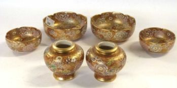 Group of Satsuma wares with Millfiori decoration comprising four lobed bowls and two vases,