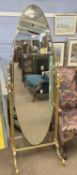 Large 20th century brass framed cheval mirror with scrolled feet, 180cm high