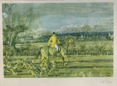 After Sir Alfred Munnings (British,1878-1959), Hunting scene, lithograph in colours, signed in