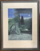 Hilary Adair RSPP (British, contemporary), "Moonrise, Iford Manor", limited edition etching with