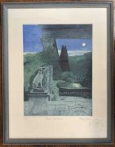 Hilary Adair RSPP (British, contemporary), "Moonrise, Iford Manor", limited edition etching with