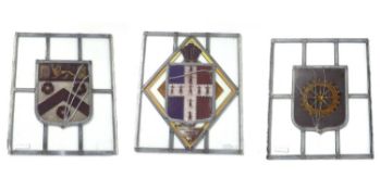 Group of three antique lead glass panels decorated with central heraldic crests, each panel 40 x
