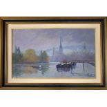 Jacques Huet (French, b.1937) "Port de Rouen", oil on canvas, signed, 31x54cm, framed