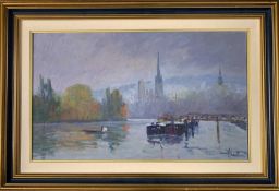 Jacques Huet (French, b.1937) "Port de Rouen", oil on canvas, signed, 31x54cm, framed