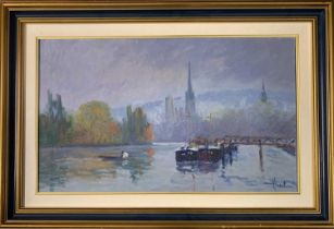 Jacques Huet (French, b.1937) "Port de Rouen", oil on canvas, signed, 31x54cm, framed