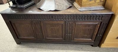 18th century oak coffer with three panelled front, 141cm wide