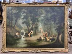 British school, 19th century, a woodland scene depicting staffage by a stream, oil on canvas,