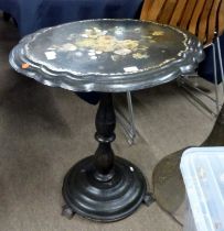 Victorian black lacquered occasional table, the top painted with a spray of flowers and decorated