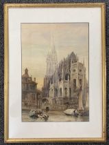 W.Searle (British, 19th century),"Caen Cathedral", watercolour, signed and dated 1880, 30x44cm,