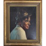 American School (20th century), Side profile portrait of a man wearing a hat, oil on board,