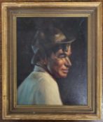 American School (20th century), Side profile portrait of a man wearing a hat, oil on board,