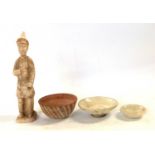 Three Chinese pottery bowls possibly Tang Dynasty together with a pottery figure, figure 23cm high