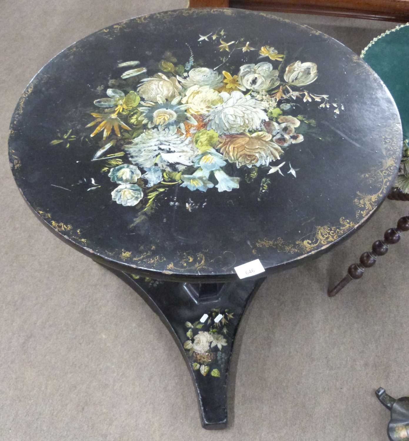 Victorian black lacquer centre table with circular top painted with a spray of flowers, raised on - Image 4 of 5