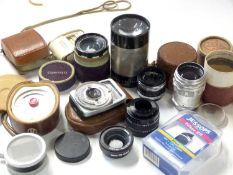 Box containing quantity of camera equipment, Lumar lens for Corfield, some vintage colour film,