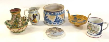 Quantity of ceramics including a jar with painted blue decoration (a/f), further Pratt ware jug with