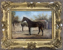 English School, circa 19th century, Horse standing in a courtyard, oil on canvas, indistrinctly