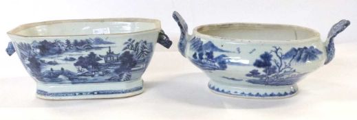 Two 18th Century Chinese export porcelain tureens both with blue and white designs (lacking