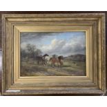 English school, Plough horses and hunt, oil on canvas, 29x44cm, gilt framed