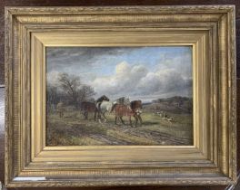 English school, Plough horses and hunt, oil on canvas, 29x44cm, gilt framed