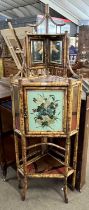 Victorian bamboo framed corner cabinet, the door set with a floral decorated milk glass panel, 173cm