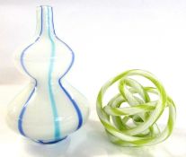 Two Studio glass vases, one of double gourd shape, the white ground with a blue and turquoise