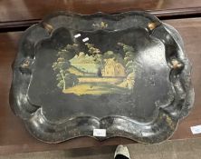 Victorian Toleware tray painted with a central rural scene, 56cm wide