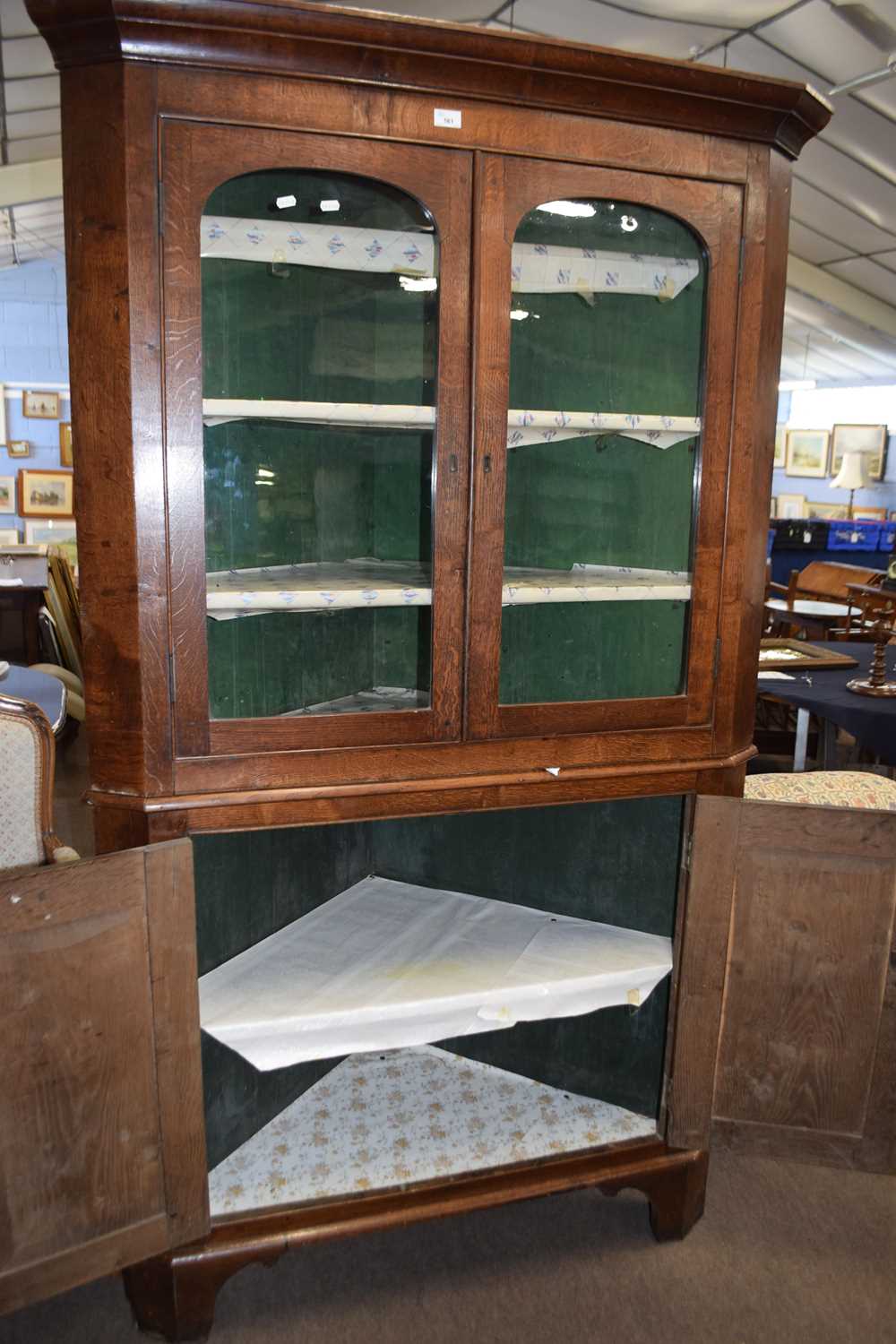 Large 19th Century oak two piece floor standing corner cabinet with glazed top section over a - Image 2 of 2