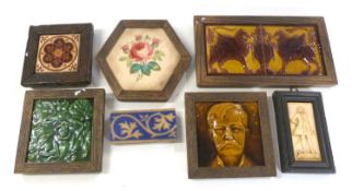 Quantity of 19th century tiles with Majolica style finishes, possibly Minton, including encaustic