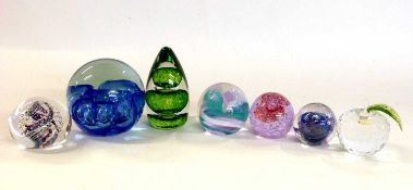 Box containing six paperweights, Langham glass examples and Caithness lacemaker example