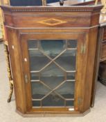 19th century mahogany and inlaid wall mounted corner cabinet with astragal glazed door, 79cm wide