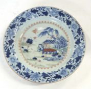 18th Century Chinese export porcelain bowl, the centre with a polychrome design of Chinese Island