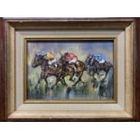 Etienne Bailleul (French,1943-2019), Horse racing study, oil on canvas, signed, 17x26cm, framed