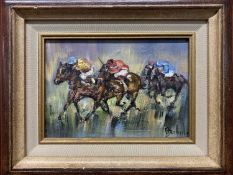 Etienne Bailleul (French,1943-2019), Horse racing study, oil on canvas, signed, 17x26cm, framed