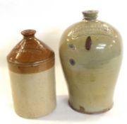 Two stoneware flagons, one marked 'Doubleday Gosburten', (handle lacking), the other marked 'James