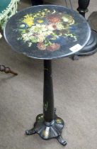 Small Victorian black lacquered occasional table with circular top painted with a spray of