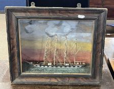 19th century diorama of a four masted ship on calm seas, the back panel painted with a sunset,