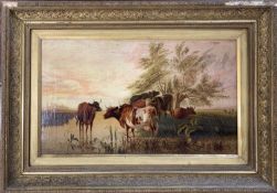 After T.S.Cooper RA (British,1803-1902), Cattle watering, oil on canvas, signed, 28x49cm, framed