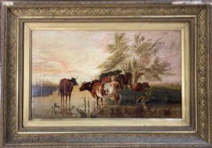 After T.S.Cooper RA (British,1803-1902), Cattle watering, oil on canvas, signed, 28x49cm, framed