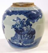 Large Chinese porcelain jar decorated with Chinese figures in blue and white with double