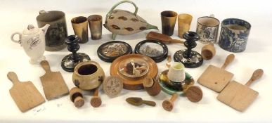 Box of various ceramic items including pot lids, large mug with print 'In memory of Sir John Moore',