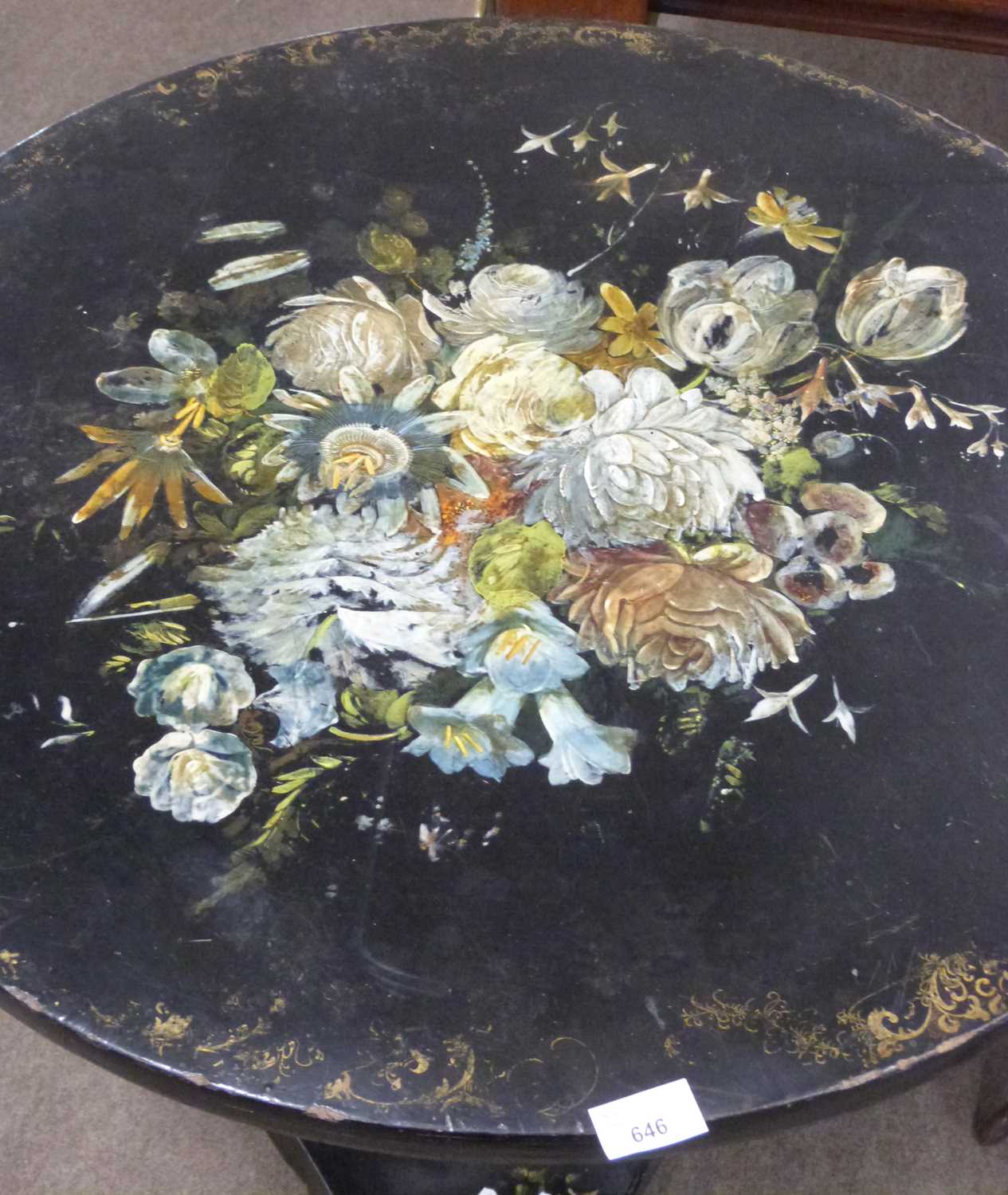 Victorian black lacquer centre table with circular top painted with a spray of flowers, raised on - Image 5 of 5